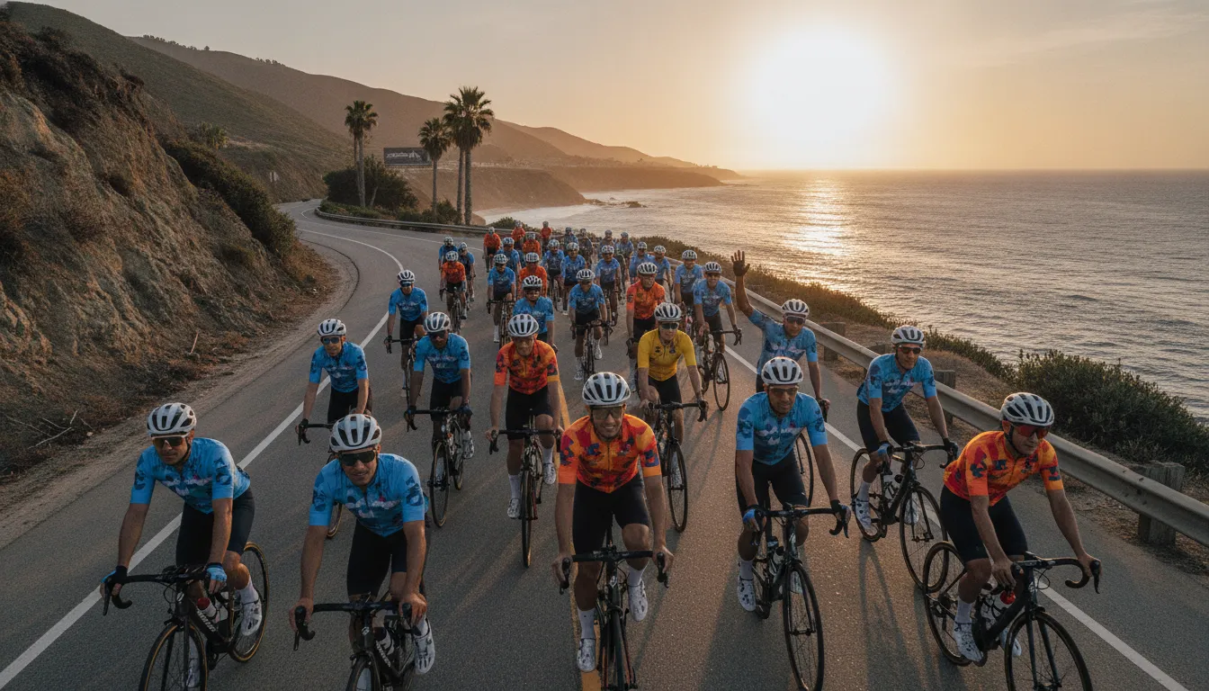 Diverse cyclists riding together on a sunny coastal road, building community around inclusion