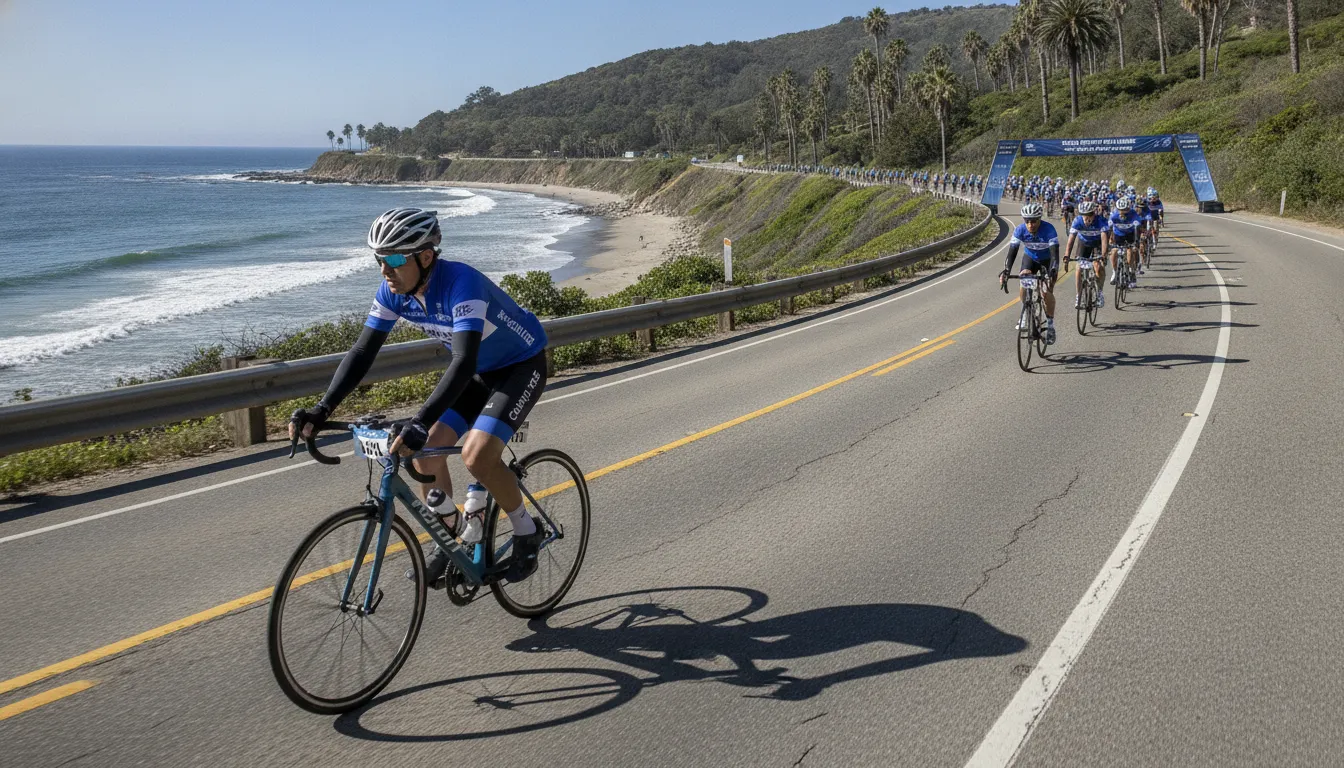 Cyclist riding along a scenic coastal road during a supported charity century ride event