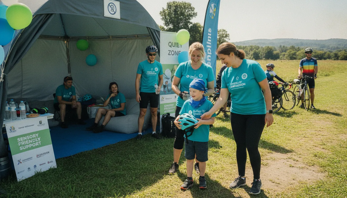 Family and volunteers at a bike ride rest stop with sensory-friendly setup and supportive atmosphere