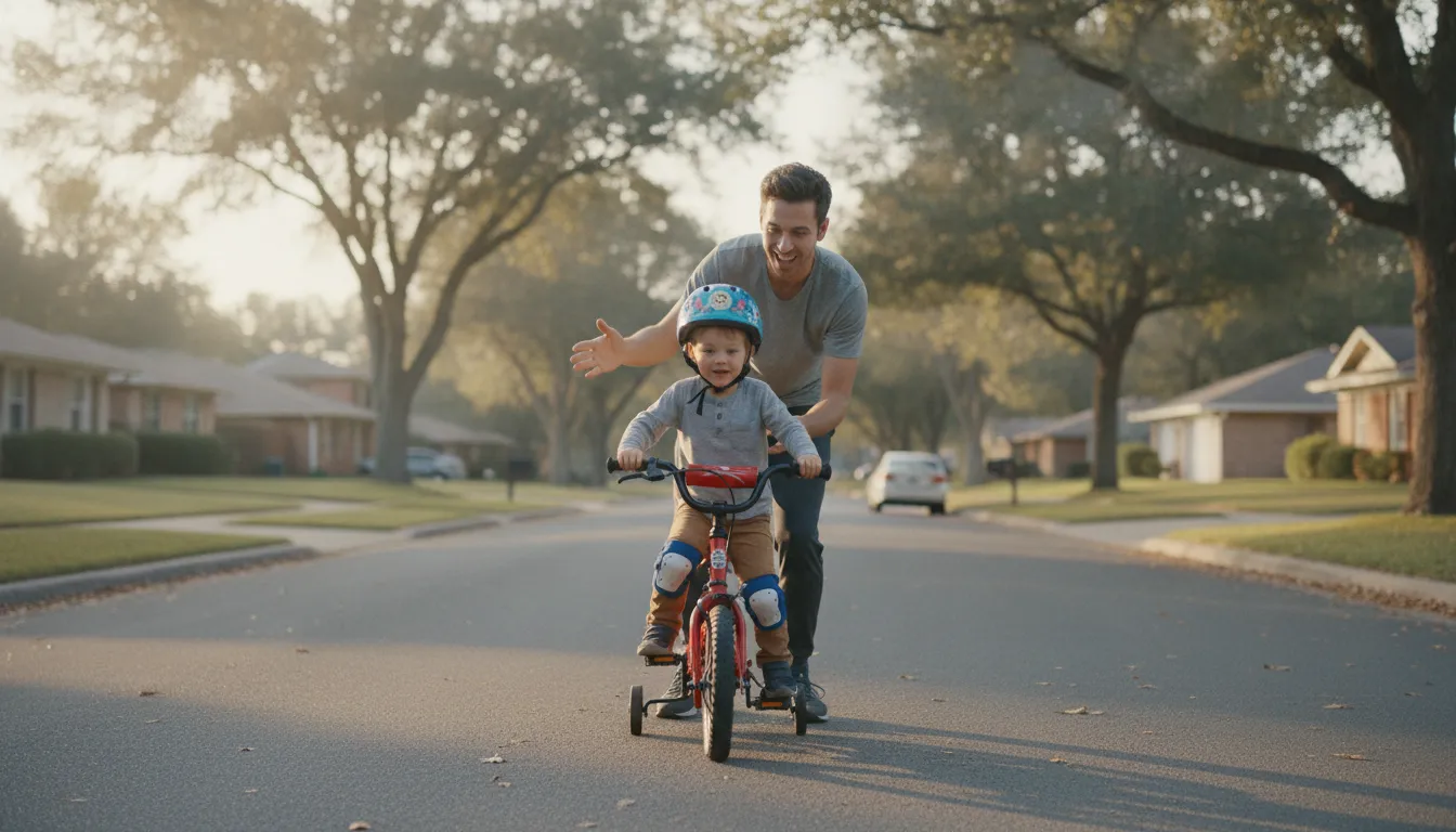 A parent coaching a smiling child with a helmet during a cycling lesson, building confidence on the bike