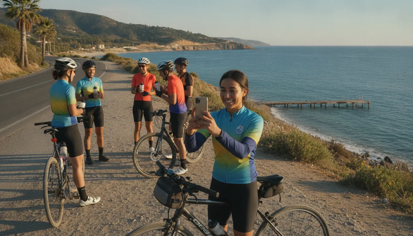 Charity bike ride team member sharing a fundraising story at a rest stop