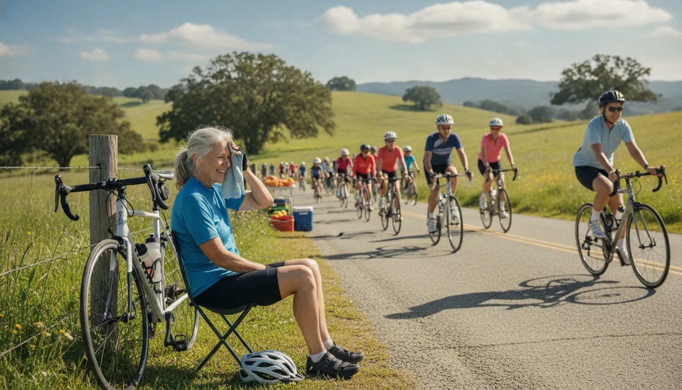 Older adult cyclist taking a recovery break during charity ride preparation