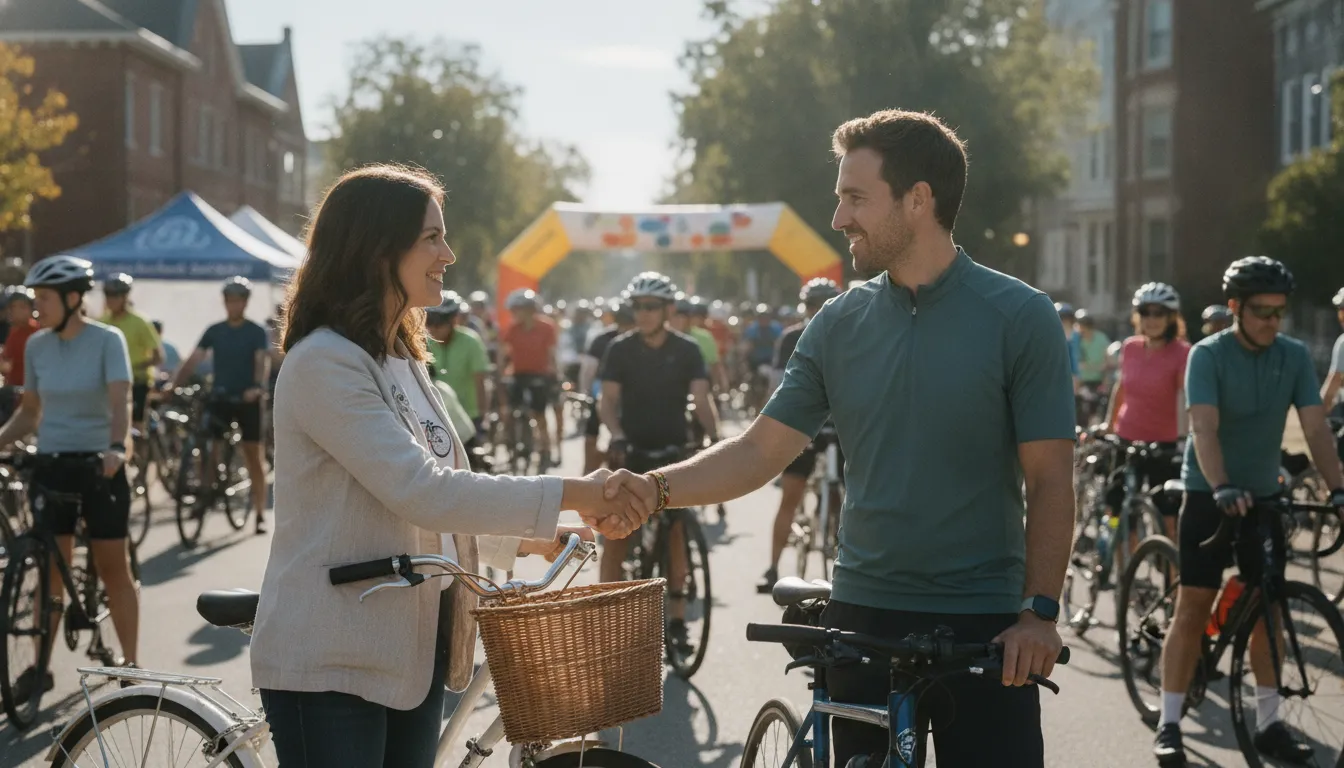 Local business and nonprofit partners connecting at a charity cycling event