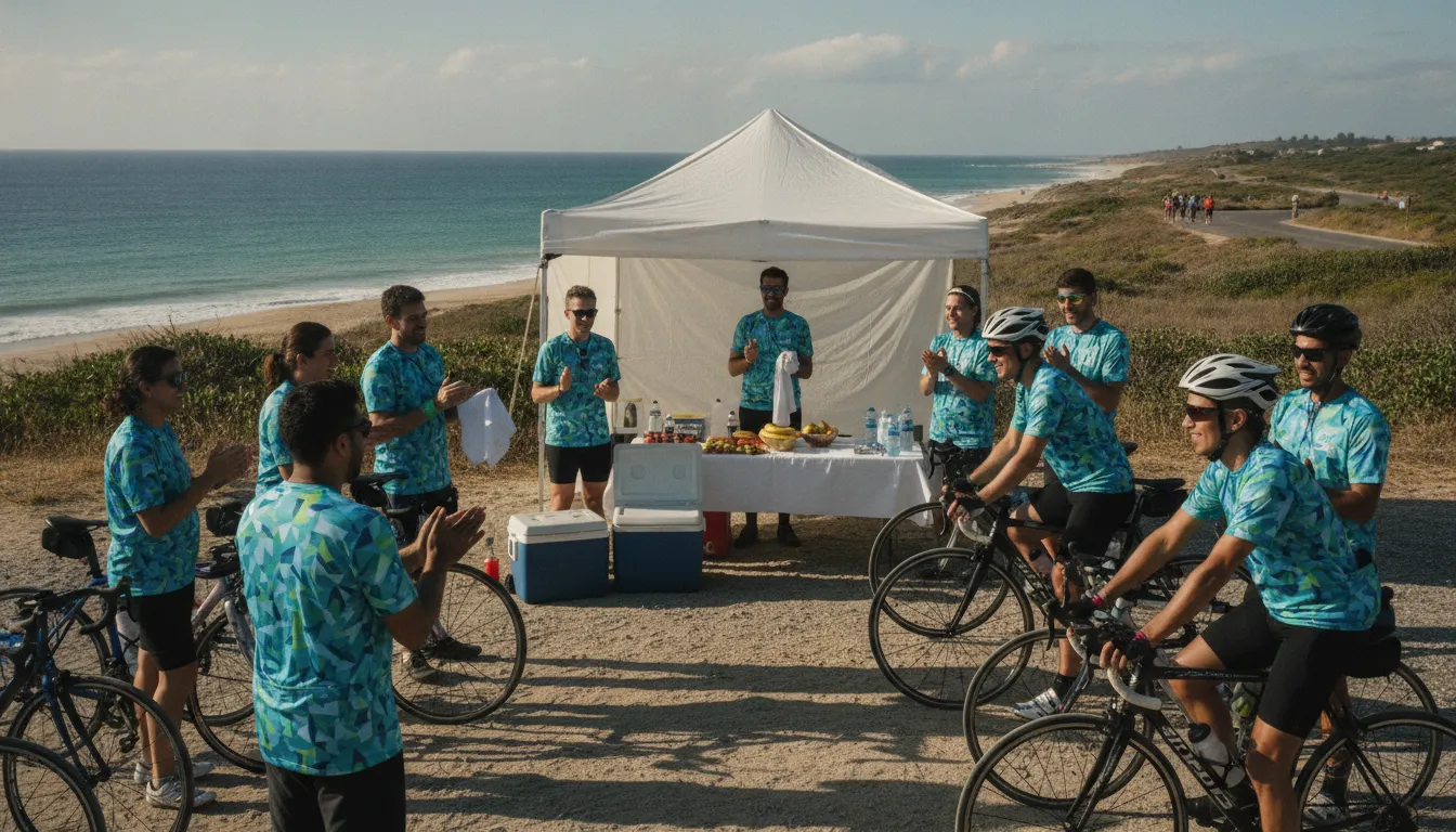 Volunteers welcoming riders at a charity bike ride rest stop