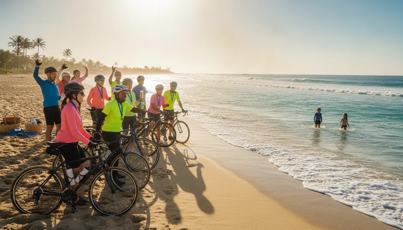 Riders celebrating together at the beach finish of a New York charity bike ride