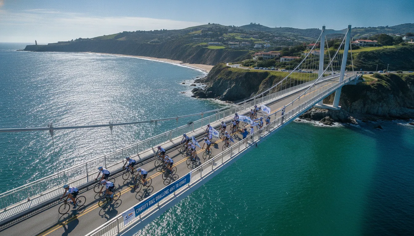 Group of charity cyclists crossing a scenic coastal bridge with panoramic water views on a sunny day