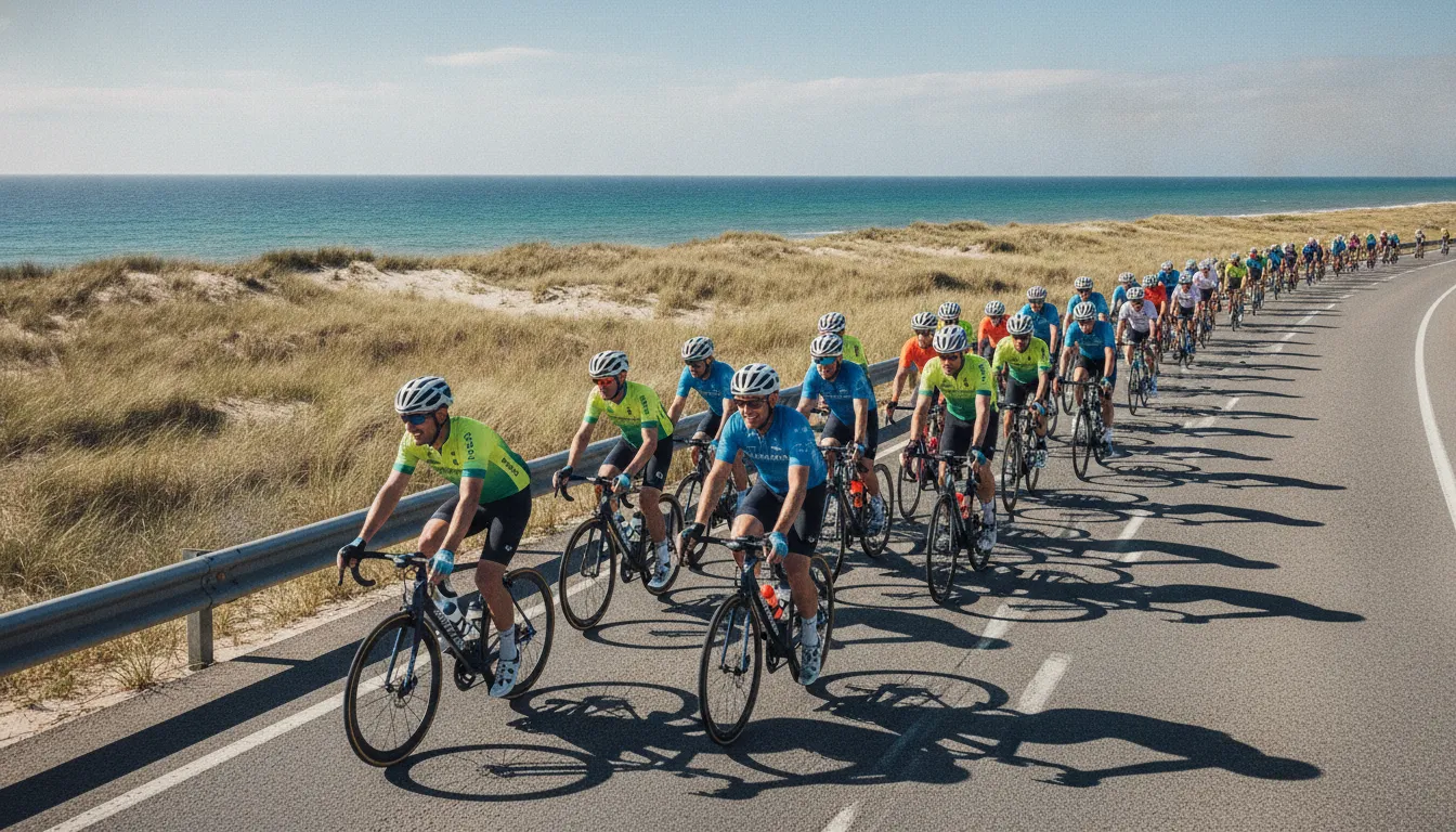 Group of cyclists in bright jerseys riding together on an open coastal road under a sunny sky
