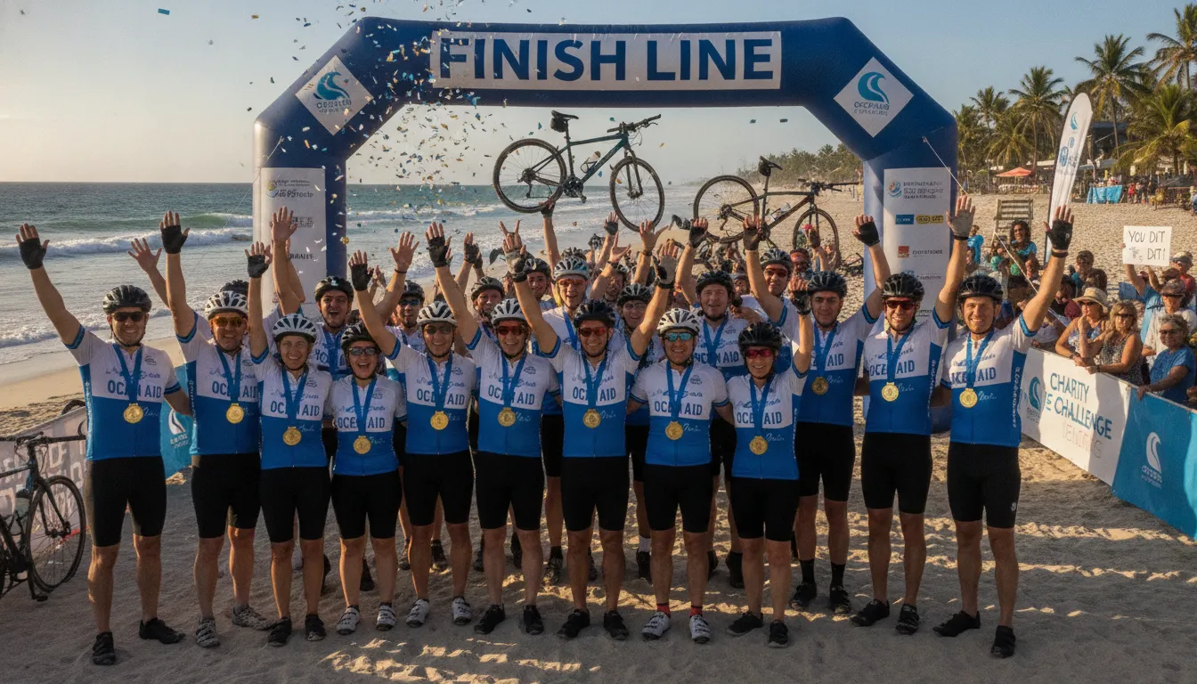 Charity cyclists celebrating at a beach finish line with medals and smiles on a sunny day