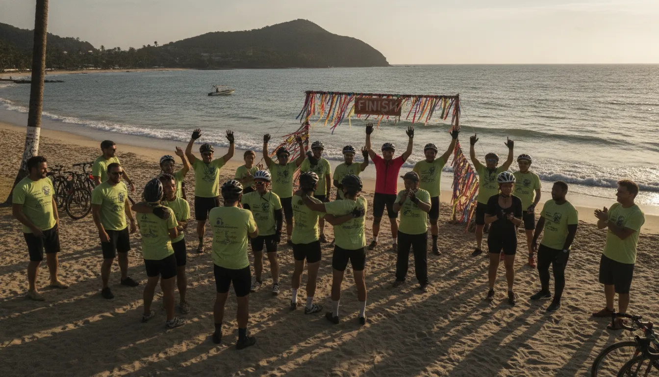 Cyclists and volunteers celebrating after a local fundraising bike ride