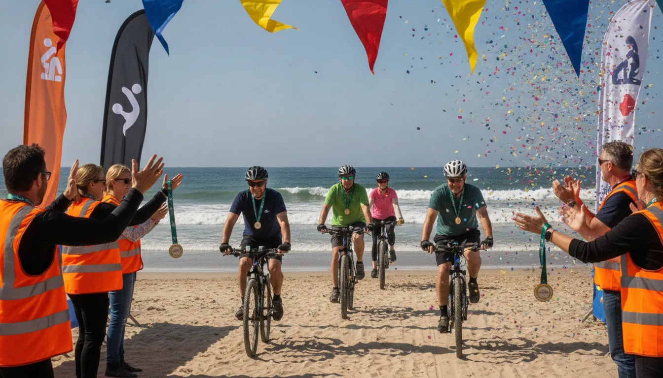 Volunteers at the beach finish line of a charity bike ride cheering cyclists and handing out medals