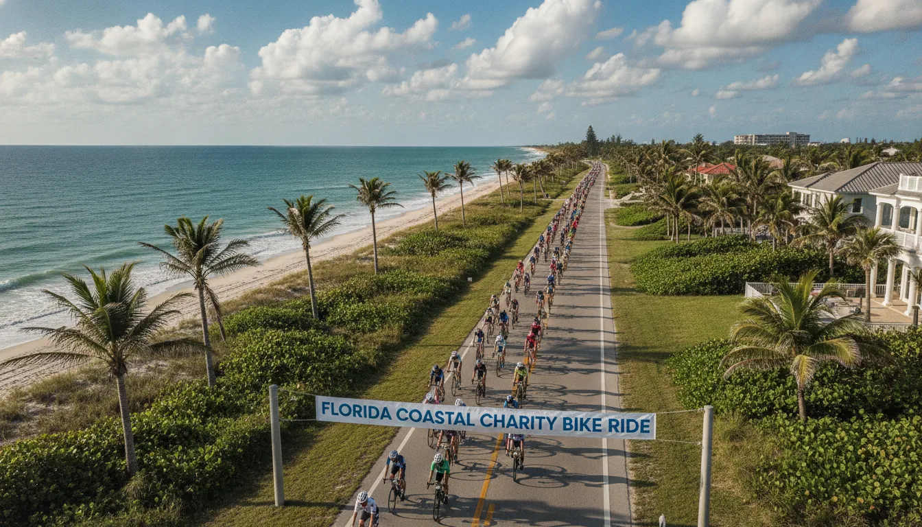 Cyclists riding along the Florida A1A scenic coastal highway with ocean views and palm trees