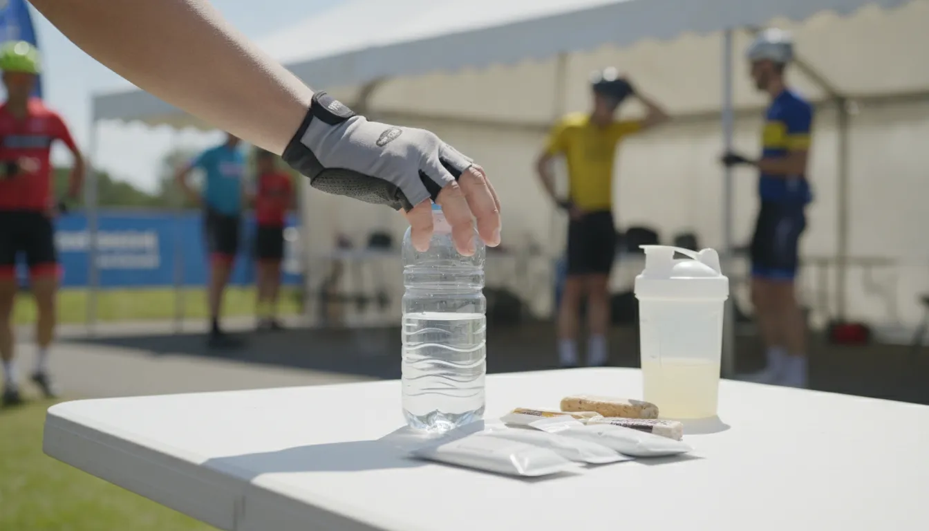Cyclist taking water and a snack at a rest stop during a long charity ride