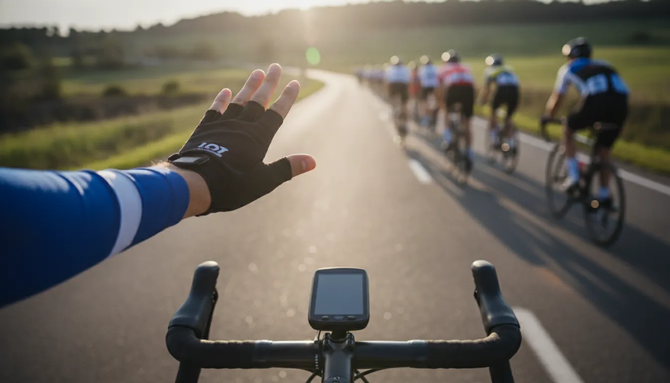 Cyclist hand signaling a left turn on a group ride