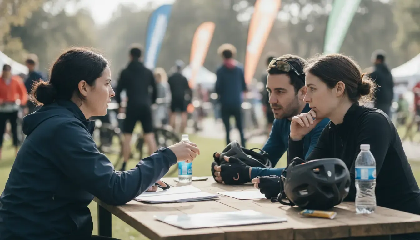 Nonprofit partner listening to cyclists at a community charity ride