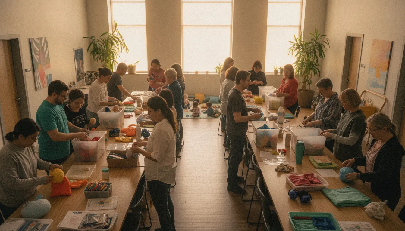 Local nonprofit volunteers preparing community support resources for disability charities near me