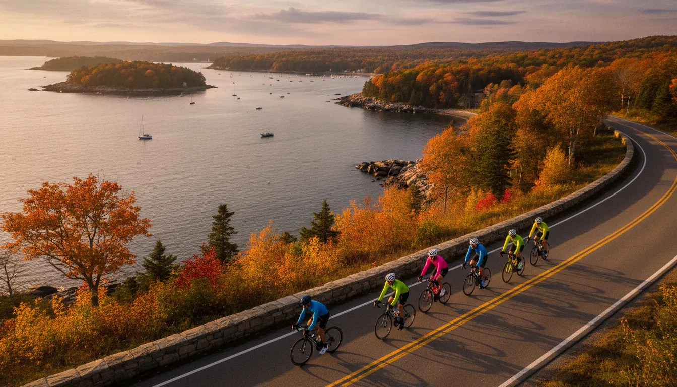 Cyclists riding along a scenic New England coastal road with ocean views during a charity bike ride event