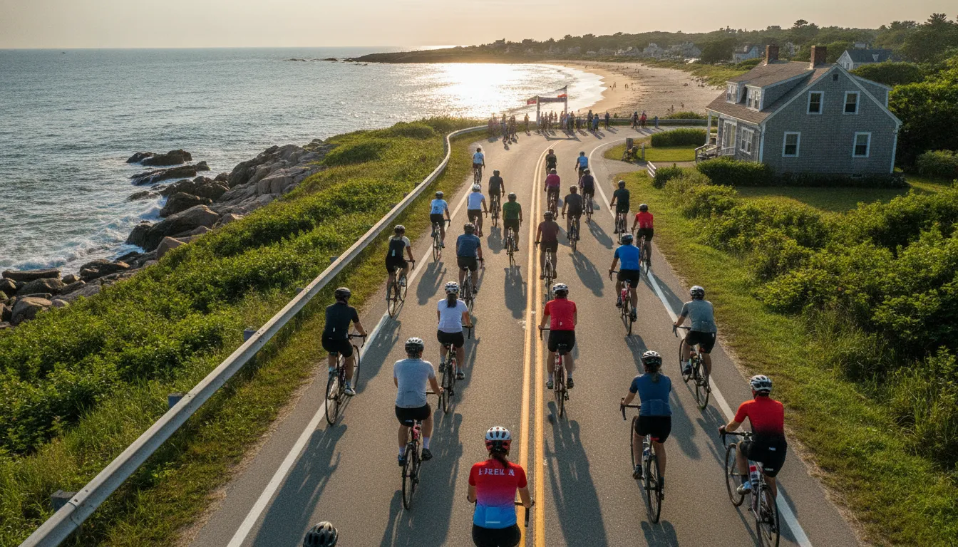 New England charity bike ride cyclists heading toward a beach finish