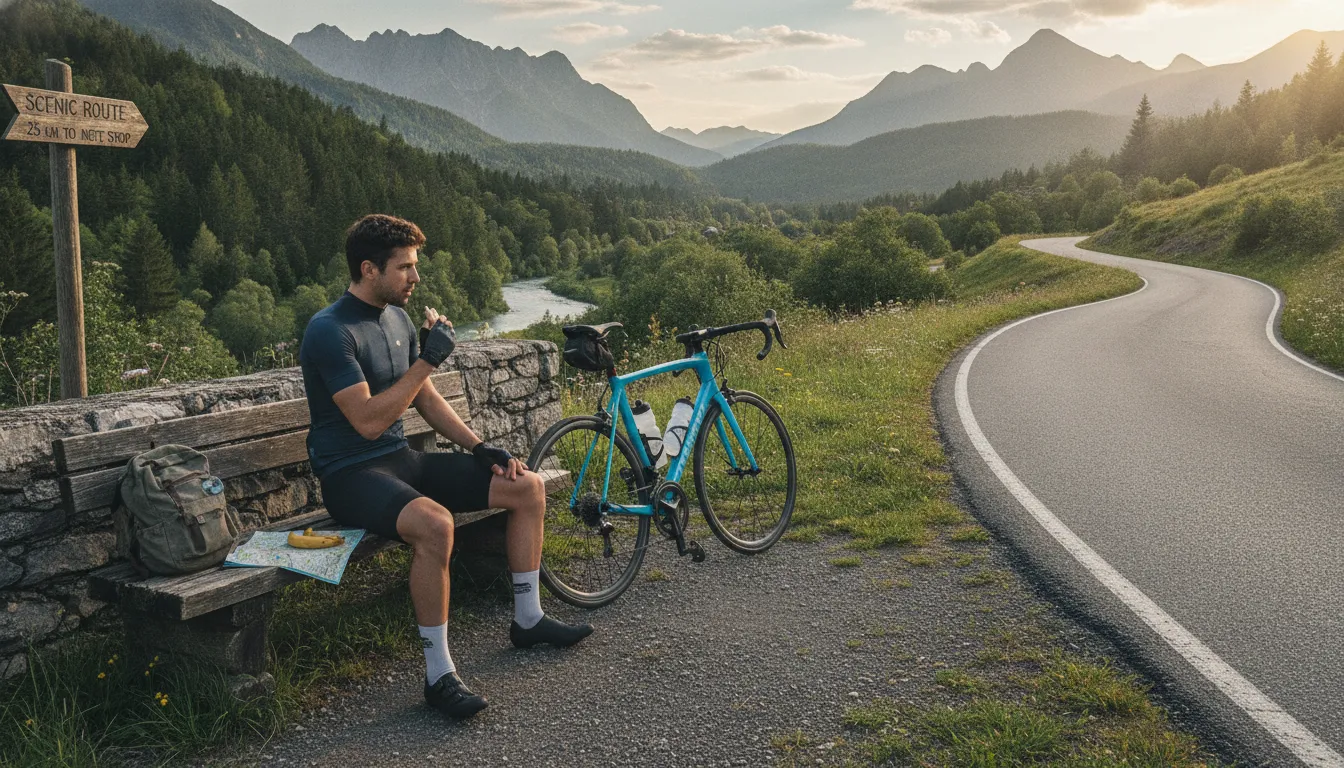 Cyclist taking a break at a rest stop with water bottles and snacks during a long training ride