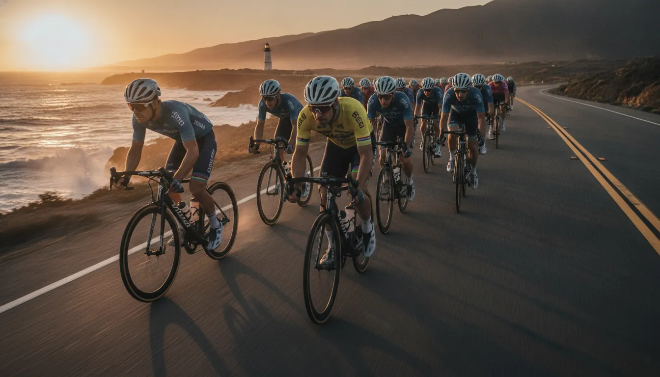 Group of cyclists riding in a paceline formation on a coastal road