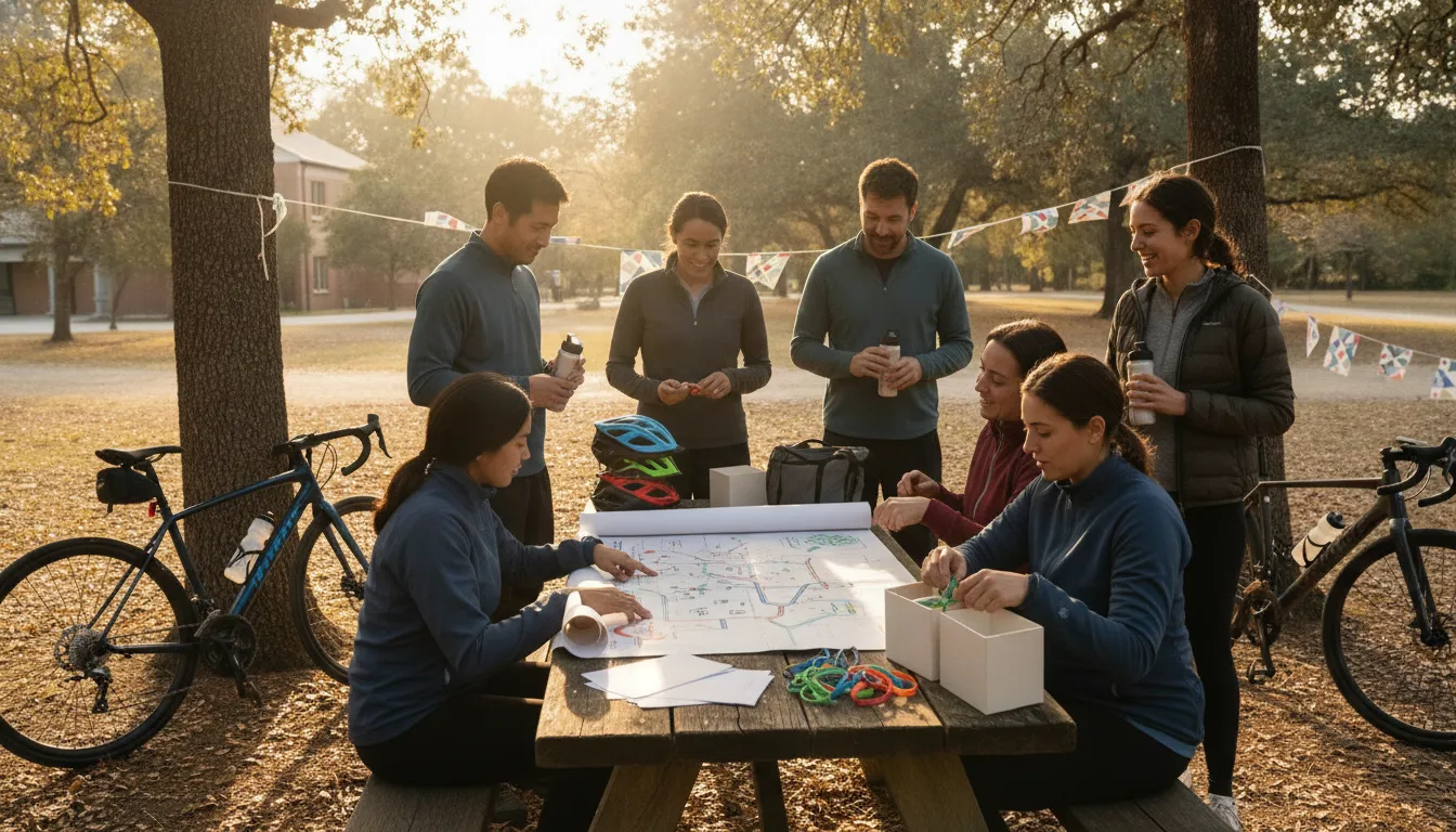 Volunteer team planning a bike fundraiser with bikes and route materials