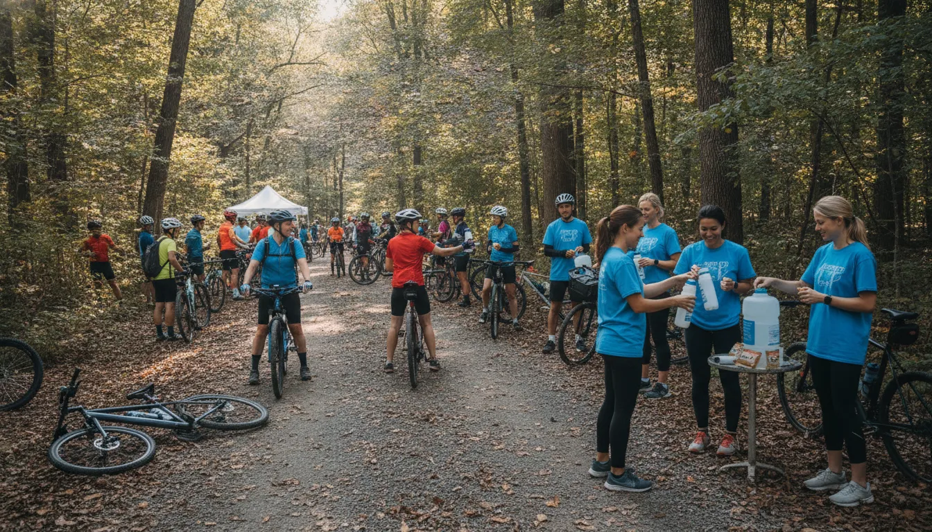 Cyclists and volunteers connect at a bike-a-thon fundraiser rest stop