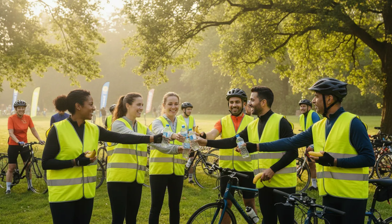 Charity bike ride rest stop volunteers handing water and snacks to cyclists