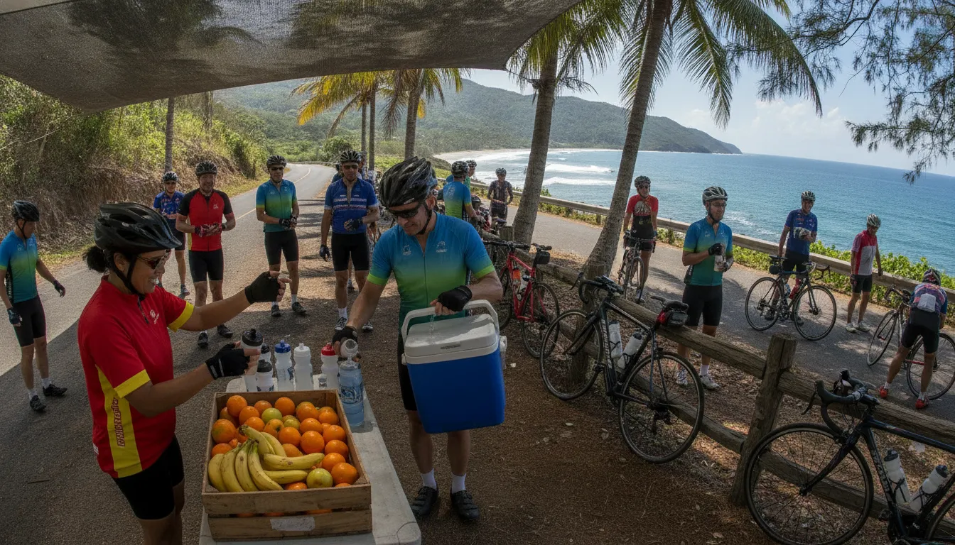 Cyclists refill water bottles and grab fresh fruit at a Bike to the Beach rest stop
