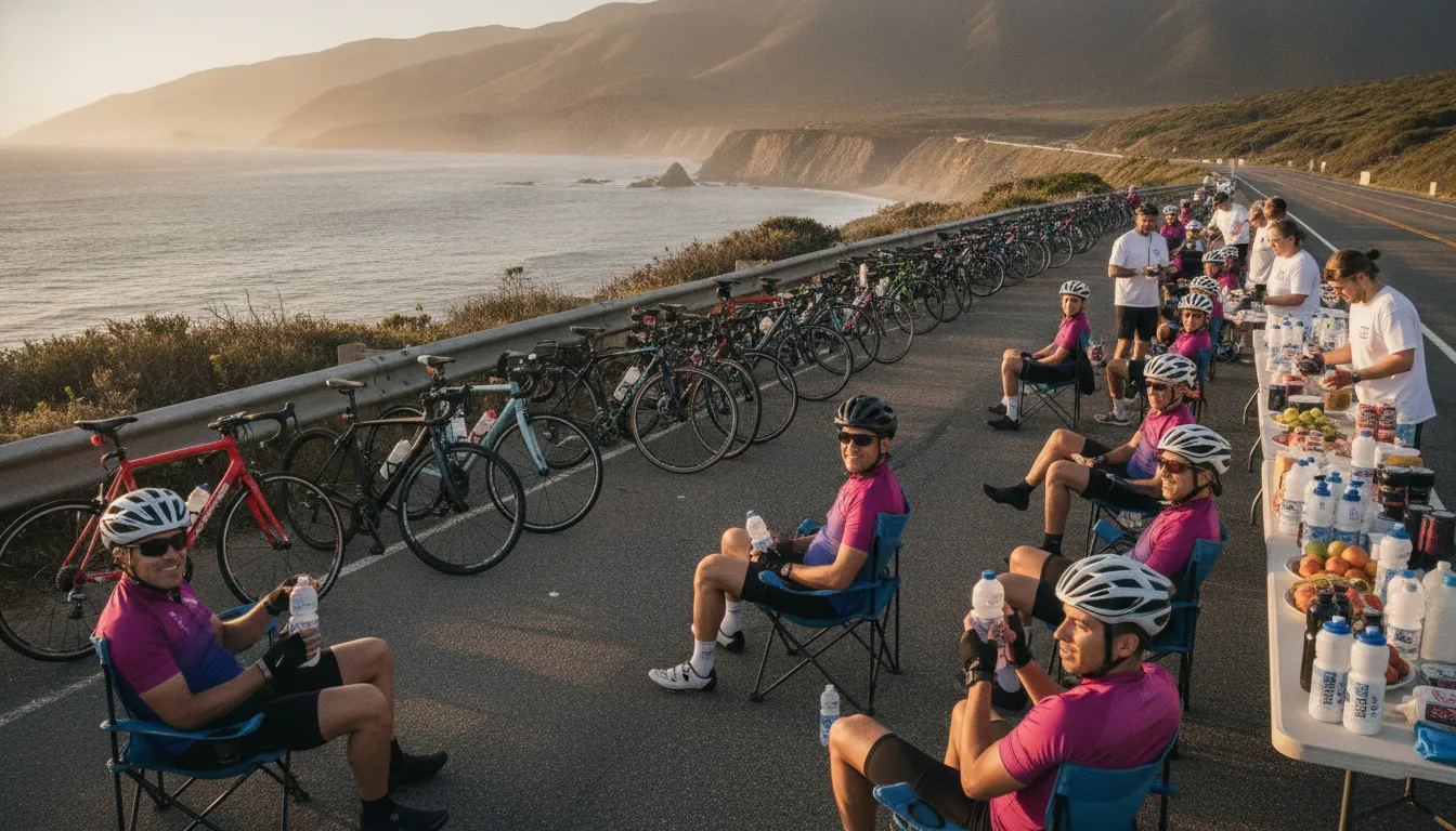 Charity cyclists refueling together at a roadside aid station on a fully supported century ride