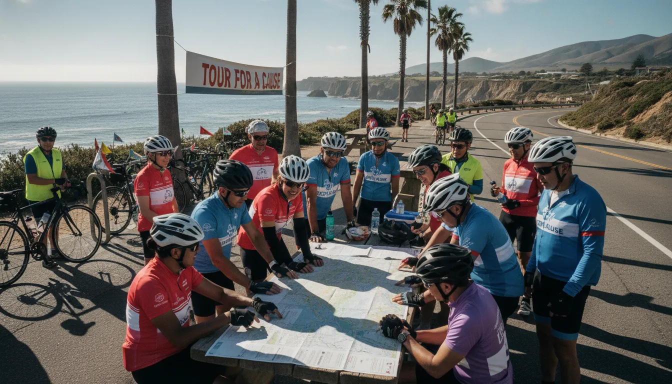 Riders reviewing Bike to the Beach charity bike ride route options together