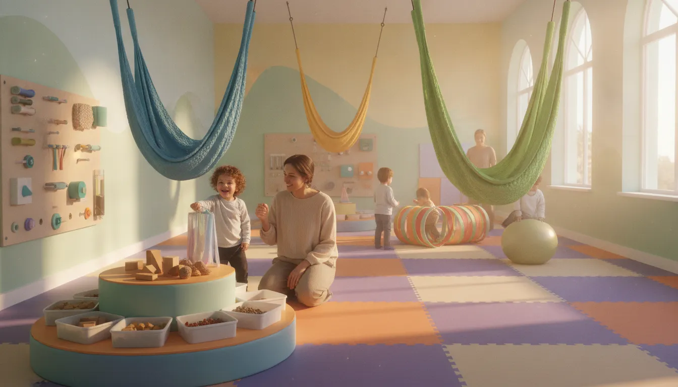 Bright sensory play space with soft swings, padded mats, and colorful tactile equipment for autistic children and adults