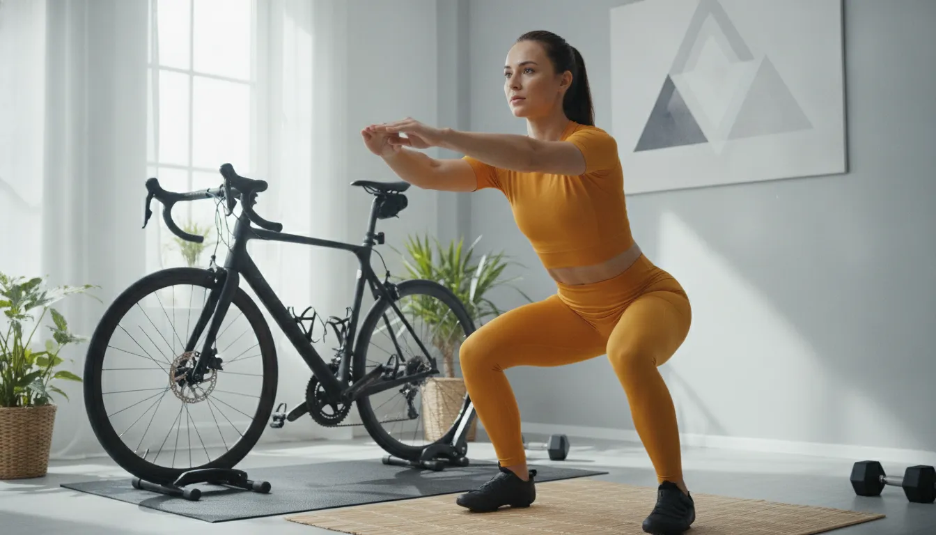Cyclist doing bodyweight strength exercises beside a road bike to support interval training