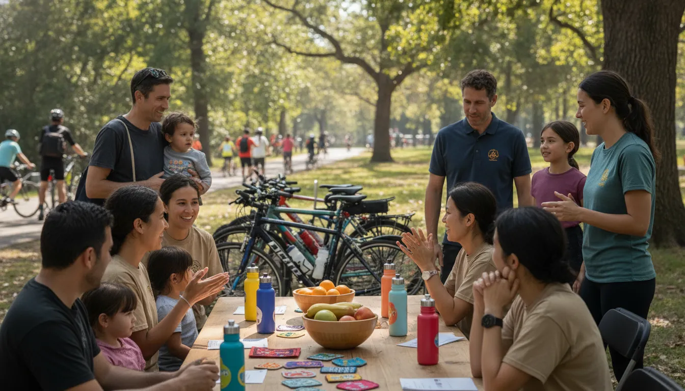 Families and cyclists connecting with local support advocates at a charity ride