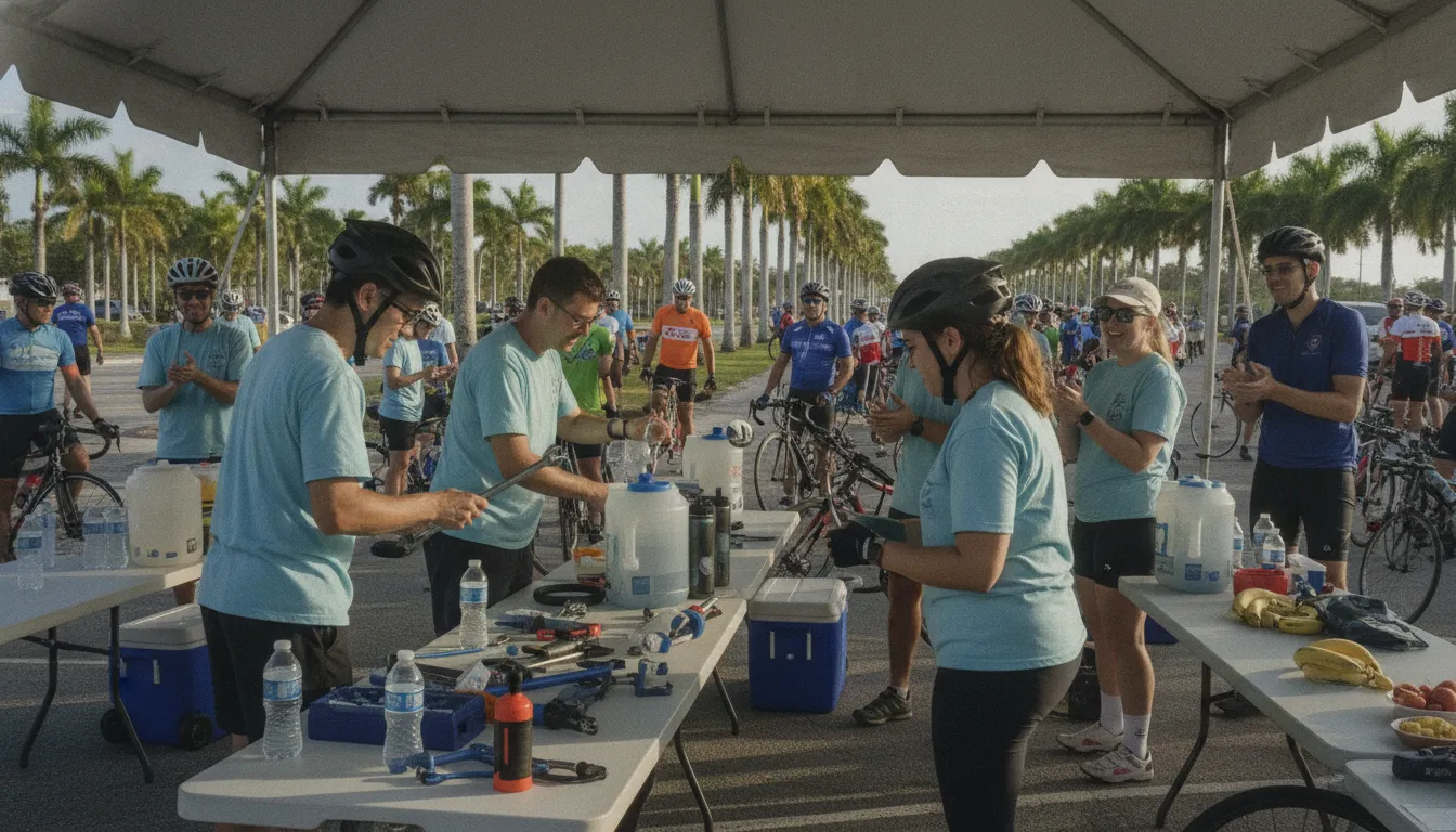 Volunteers supporting riders at a South Florida charity bike ride rest stop