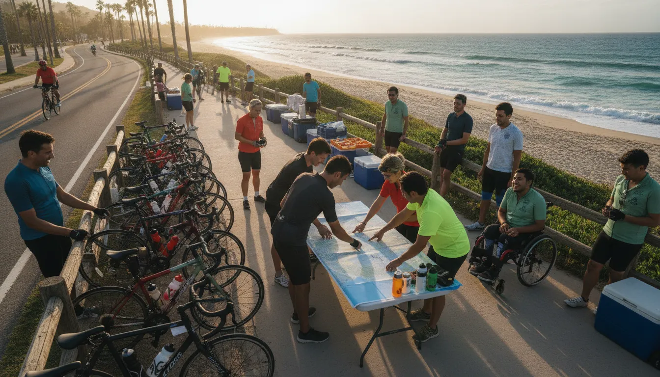 Supported bike fundraiser riders and volunteers preparing at a rest stop