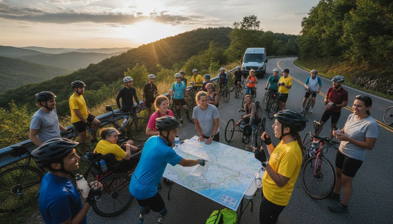 Cycling fundraiser team and volunteers planning at a rest stop