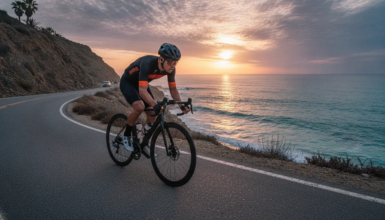 Cyclist training on a coastal road at sunrise wearing cycling gear