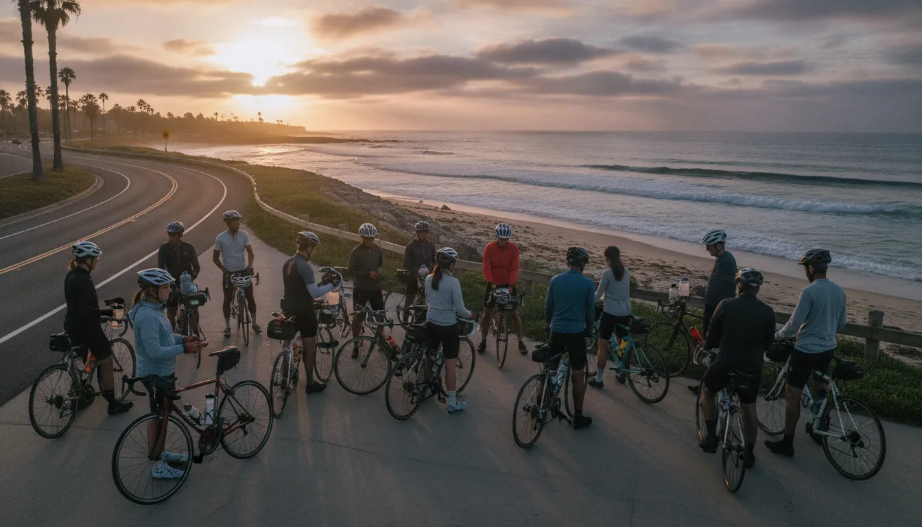 Cyclists checking helmets and bottles during a bike training plan for a charity ride