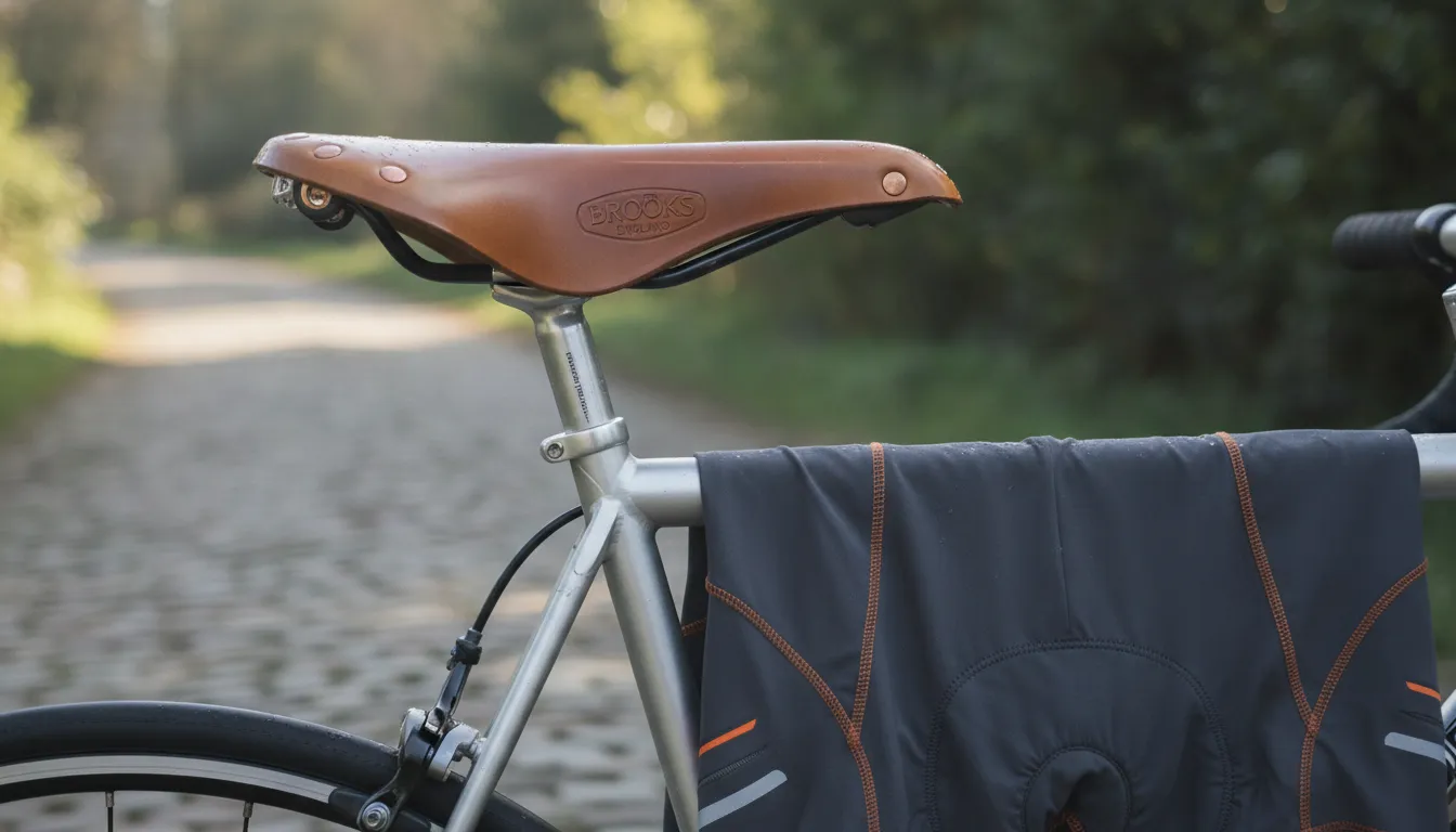 A high-quality leather bicycle saddle with comfortable padded cycling shorts on a bicycle