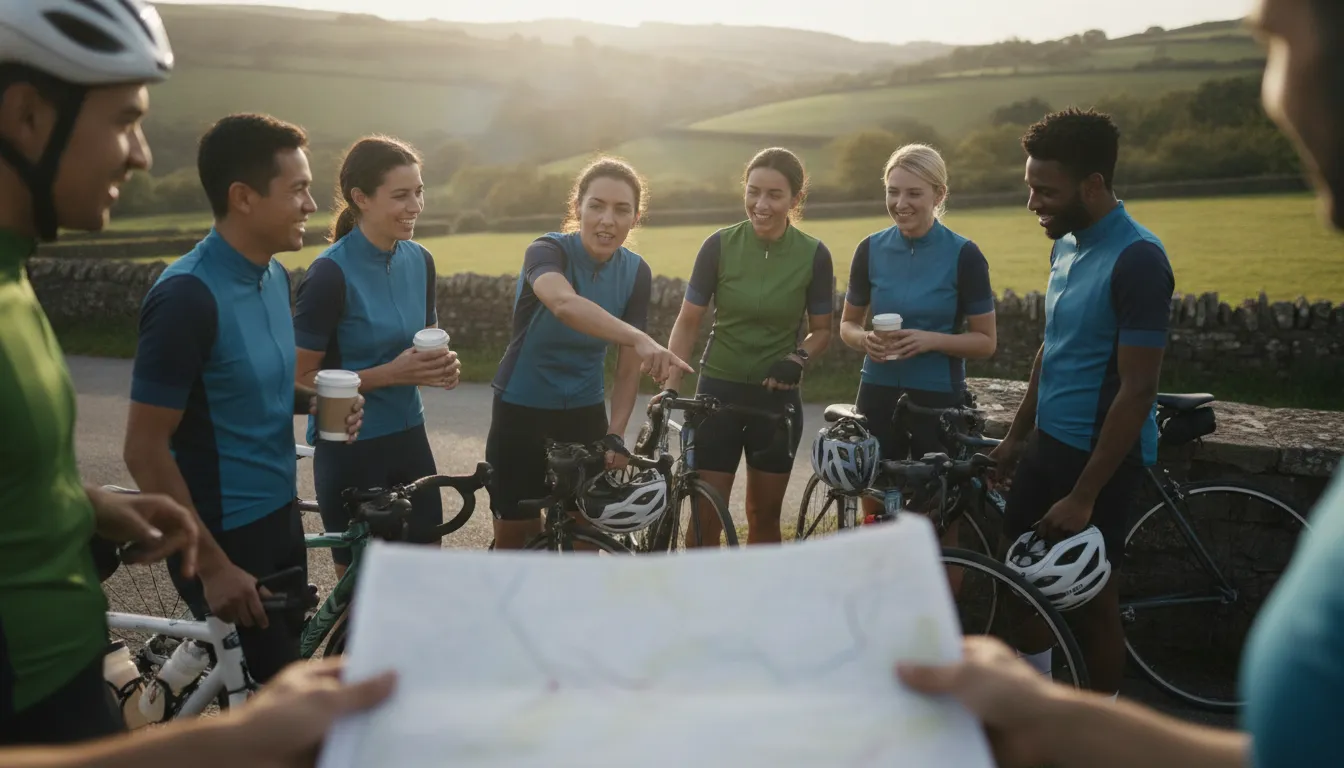Charity cycling team planning together before a ride