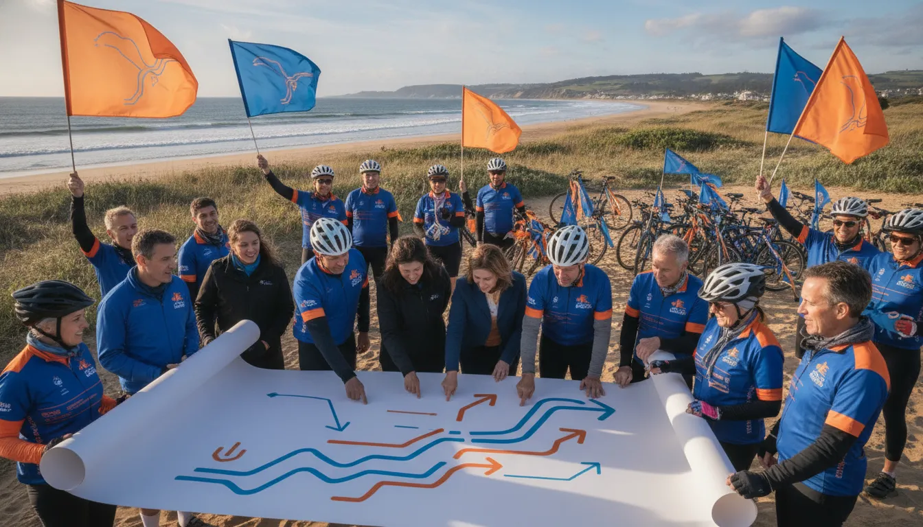 Community cyclists and nonprofit partners celebrate a peer-to-peer fundraising ride at the coast