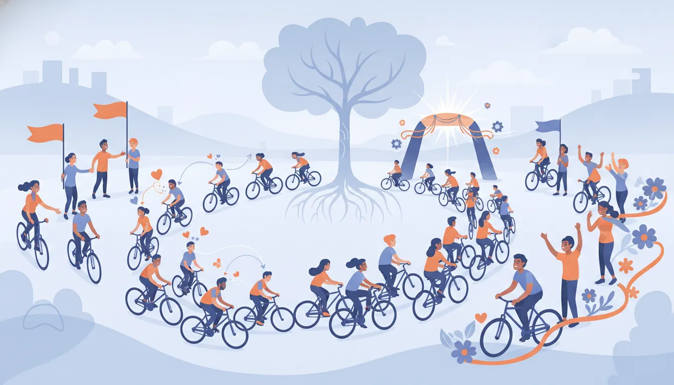 Illustrated peer-to-peer fundraising journey from community recruitment to event celebration