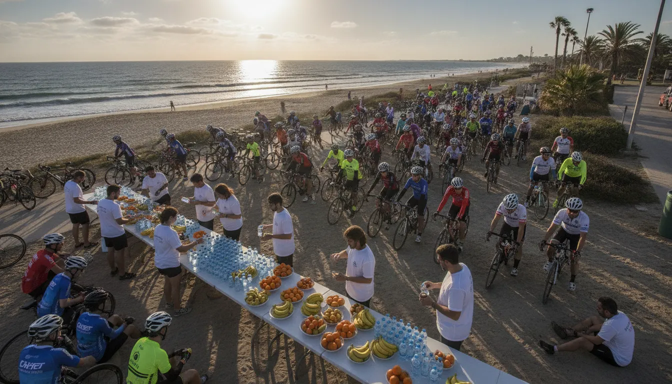 Cyclists refueling at a fully supported charity ride rest stop