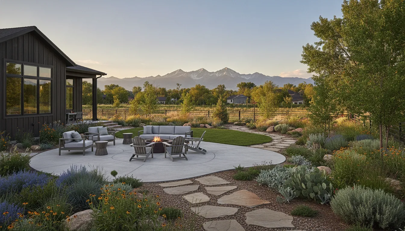 Concrete patio and fire pit pad in a Denver Metro backyard
