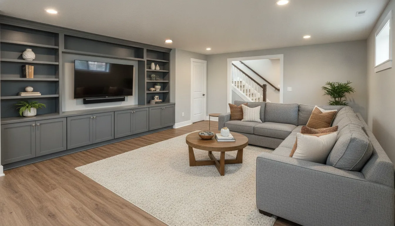 Finished basement family room completed by basement finishing contractors