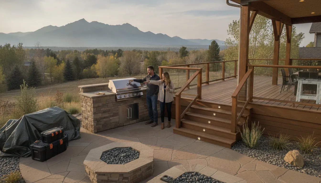 Homeowners reviewing a completed outdoor construction project with a contractor