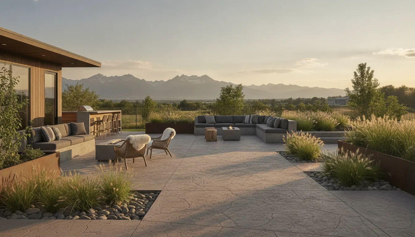 Cement patio layout connecting dining and lounge areas in a Denver Metro backyard