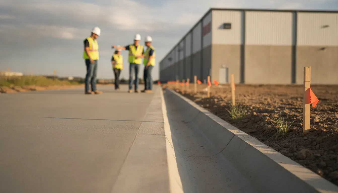 Commercial concrete planning Denver site assessment showing drainage and slab edge