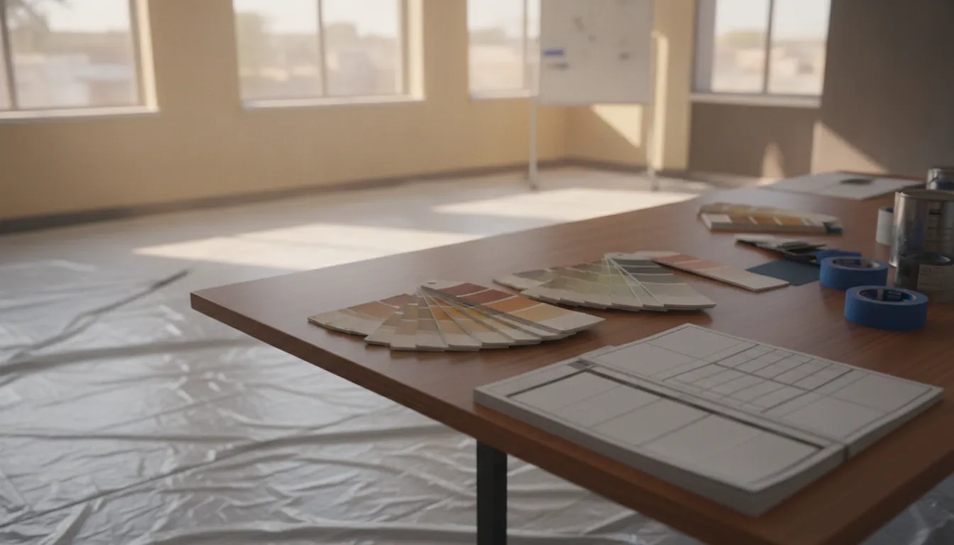 Commercial interior painting planning with finish samples and protected workspace surfaces
