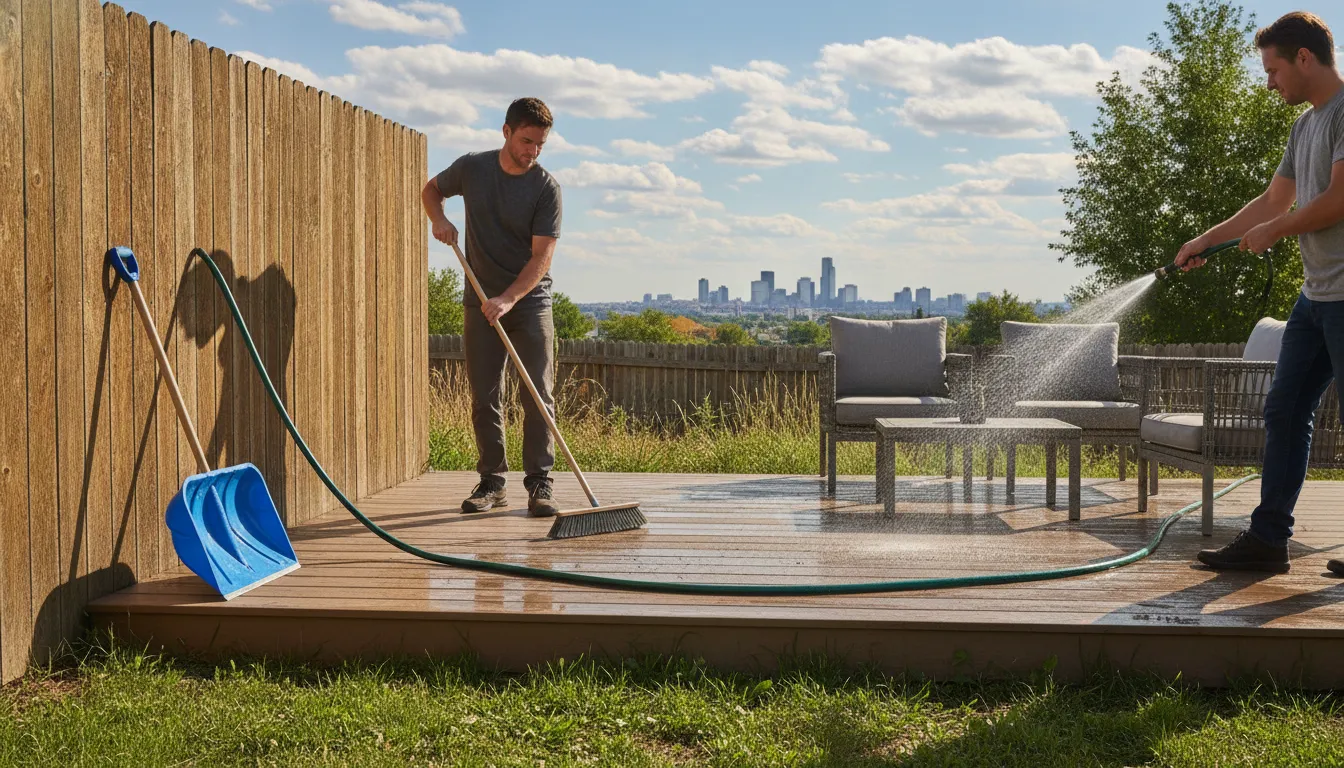 Soft brush and plastic shovel used for composite deck care in the Denver Metro Area