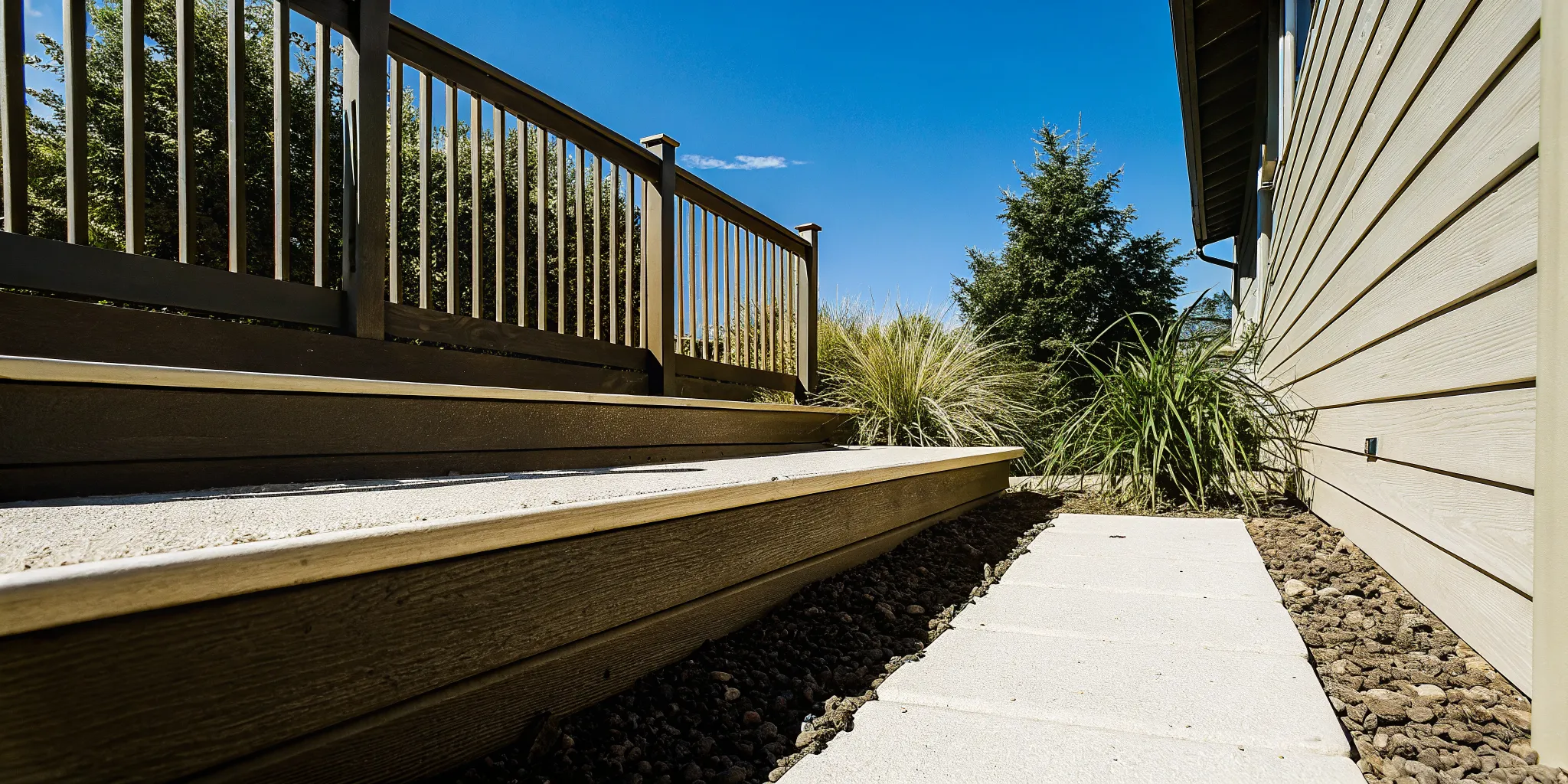 Ground-level deck drainage solutions with gravel and sloped grade